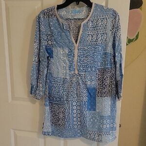 J. McLaughlin szMed 100% Tencel Womans Blue and White Patchwork tunic top